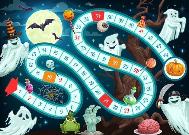 Juego de mesa de halloween para niños plantilla de mapa con ruta