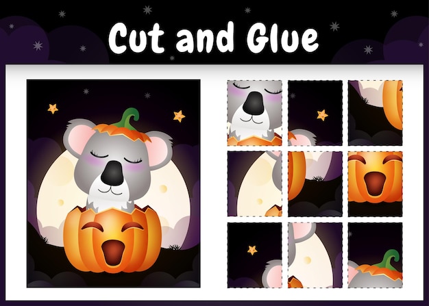 Juego de mesa para niños cortar y pegar con un lindo koala en la calabaza de halloween