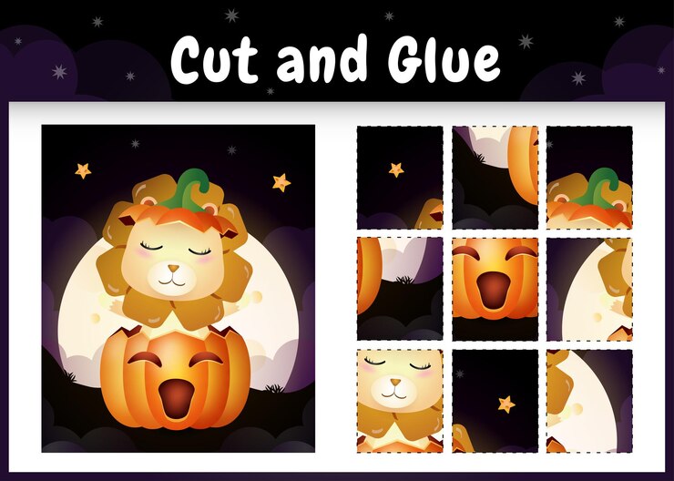 Vector juego de mesa para niños cortar y pegar con un lindo león en la calabaza de halloween