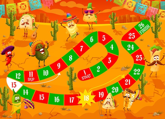 Juego de mesa con personajes de dibujos animados de comida mexicana