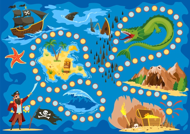 Juego de mesa de piratas para niños caza de tesoros caza de islas de tesoros juego de mesa con cueva aventuras marinas actividad imprimible ilustración de dibujos animados vectoriales