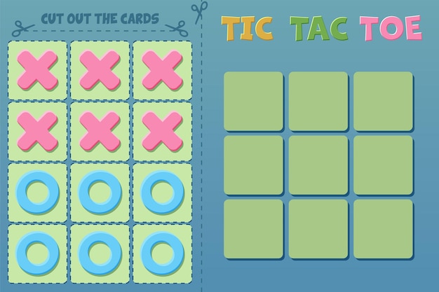 Juego de mesa TIC TAC TOE Juego de estrategia de dibujos animados vectorial cero y cruces Juego de lógica de mesa Imprime cartas cortadas y juega