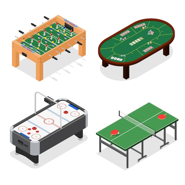 Juego de mesa con vista isométrica de póquer, tenis, fútbol y hockey