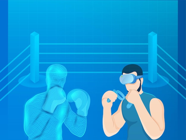 Juego de metaverso de tecnología digital futurista NFT realidad virtual joven con gafas de realidad virtual VR experimentando un juego de boxeo virtual con boxeador de estructura alámbrica