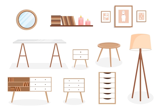 Juego de muebles para pasillo de dormitorio. Ilustración vectorial en estilo de dibujos animados planos Elementos de vivienda