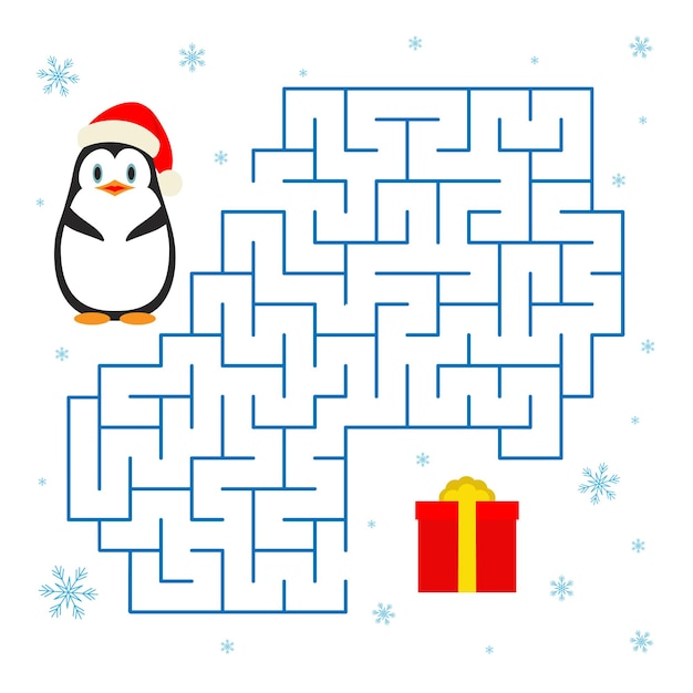 Juego de Navidad Laberinto Vector con pingüino y regalo para la educación de los niños Ayuda al pingüino en un sombrero de Papá Noel a encontrar su camino al regalo Diseño plano