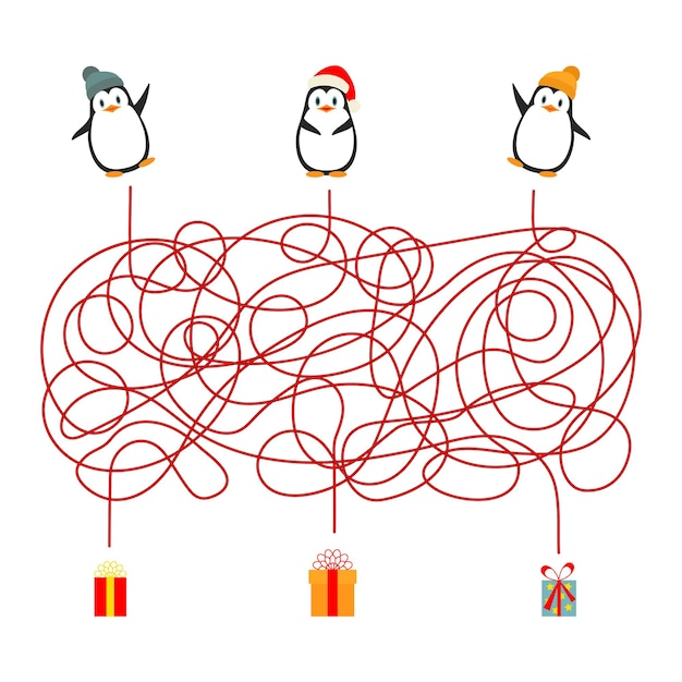 Juego de Navidad para niños laberinto laberinto o cuestionario para las vacaciones de invierno hoja de trabajo vectorial animales pingüino de dibujos animados en sombreros de invierno para encontrar el camino a los regalos de Navidad en un juego de rompecabezas