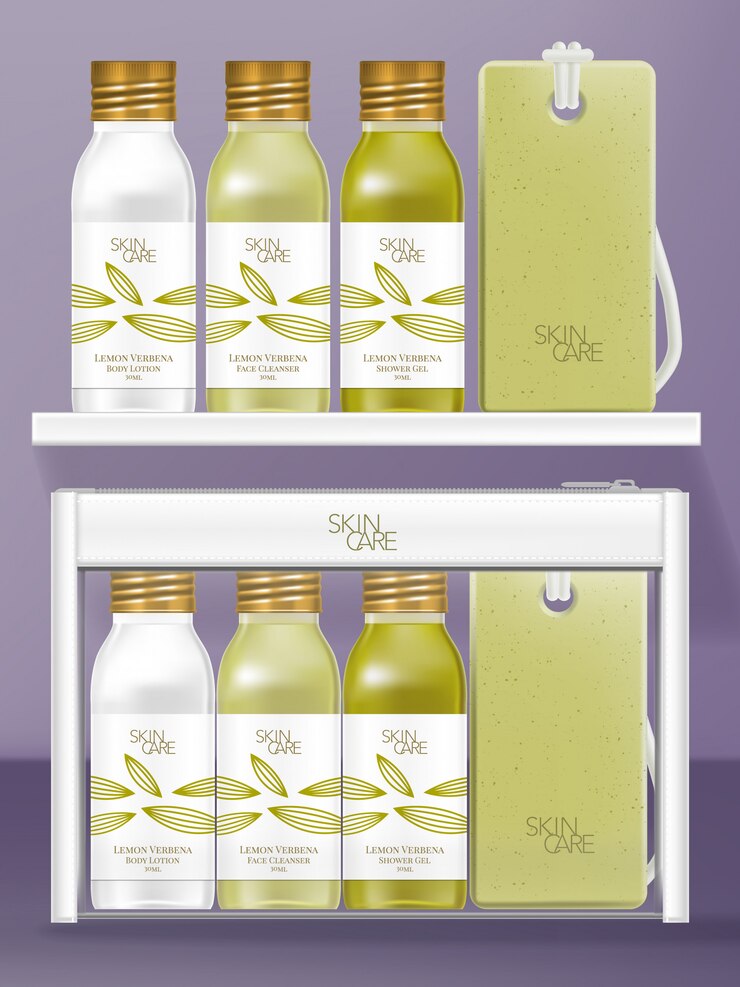 Juego de neceser de viaje para artículos de tocador con botella con tapón de rosca y barra de jabón. Diseño temático de verbena de limón.