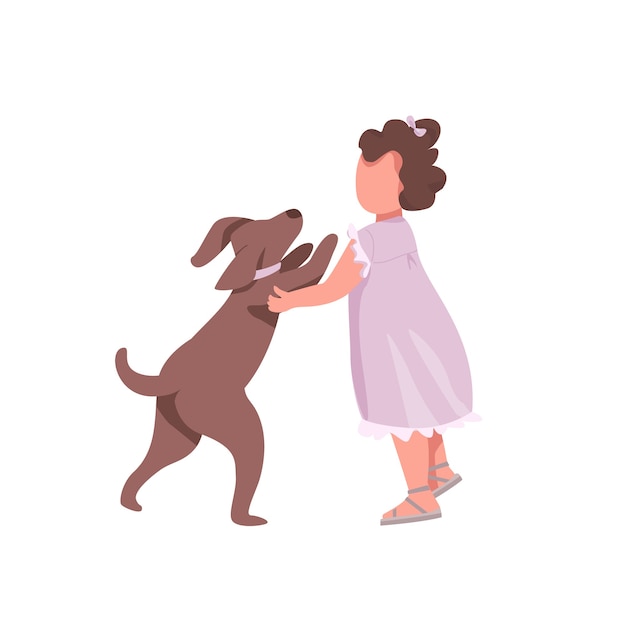 Juego de niña con personajes sin rostro de perro color plano. El pequeño niño quiere abrazar al lindo cachorro. Abraza al perrito. Ilustración de dibujos animados aislado infancia feliz para diseño gráfico web y animación