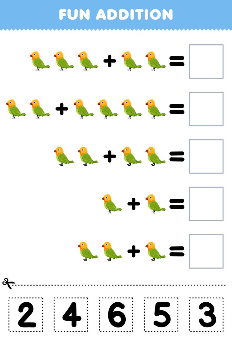 Vector juego para niños adición divertida por corte y empareja número correcto para hoja de trabajo de mascotas de pájaros lindos