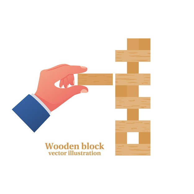Vector juego para niños y adultos pila de bloques de madera sosteniendo en la mano diseño plano de ilustración vectorial aislado sobre fondo blanco juego de mesa