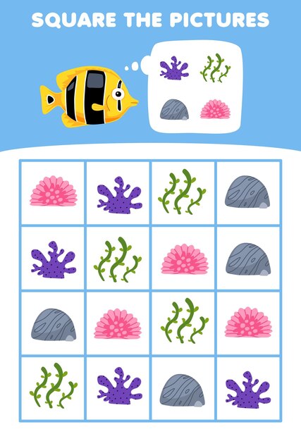 Juego para niños ayudar a los peces lindos cuadrado el coral correcto conjunto de imágenes hoja de trabajo de mascotas