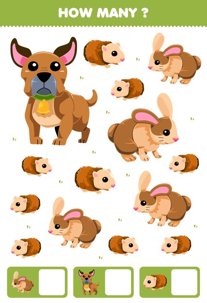 Juego para niños buscando y contando cuántos de lindo animal marrón hoja de trabajo de mascotas imprimible