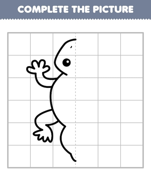 Vector juego para niños completar la imagen de geco lindo medio contorno para dibujar hoja de trabajo de mascotas