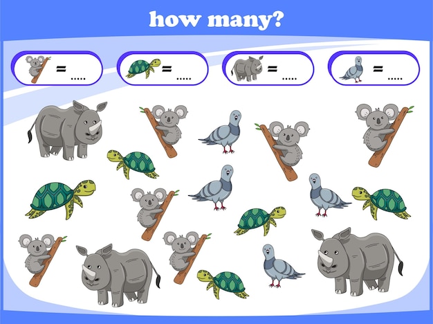 Juego para niños Contar animales salvajes Aprende a contar Ilustración vectorial