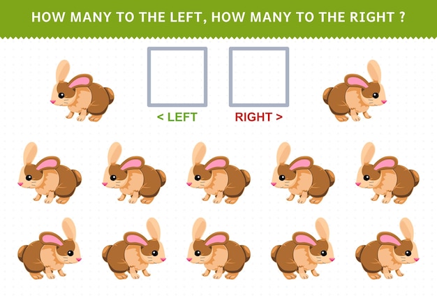 Juego para niños de contar izquierda y derecha imagen de conejo lindo hoja de trabajo de mascotas imprimible