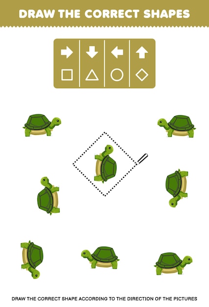Juego para niños dibujar la forma correcta de acuerdo con la dirección de una hoja de trabajo mascota de tortuga linda
