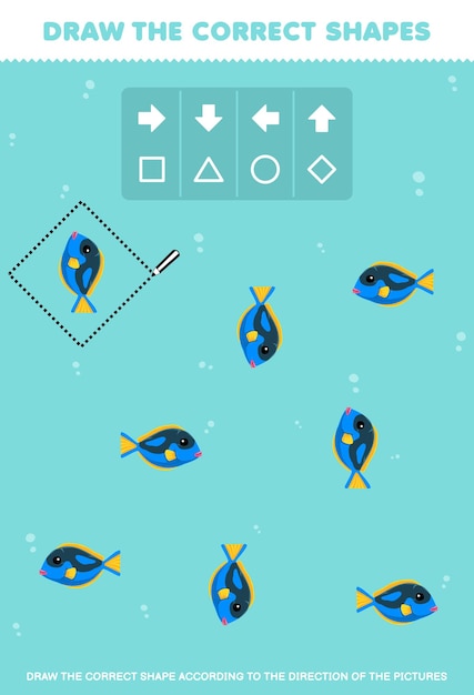 Vector juego para niños dibujar la forma correcta de acuerdo con la dirección de una hoja de trabajo de mascotas de pescado lindo