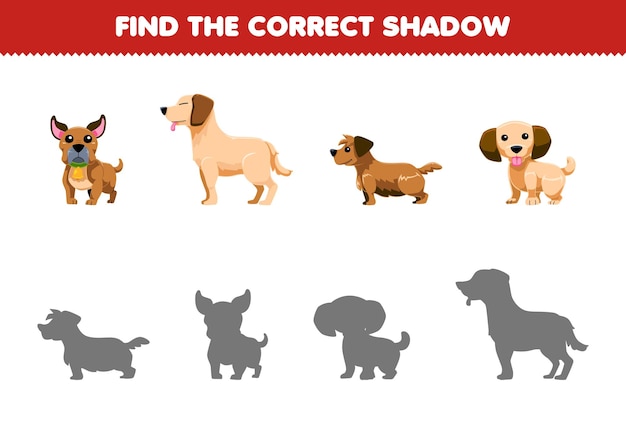 Juego para niños encontrar el conjunto de sombras correctas de fotos de perros lindos hoja de trabajo de mascotas imprimible