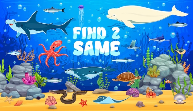 Juego para niños encontrar dos animales submarinos marinos iguales