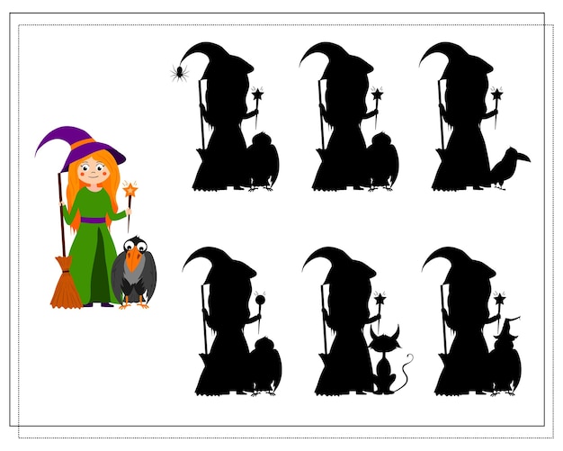 Juego para niños encontrar el vector de halloween de bruja de dibujos animados de sombra derecha aislado en un fondo blanco