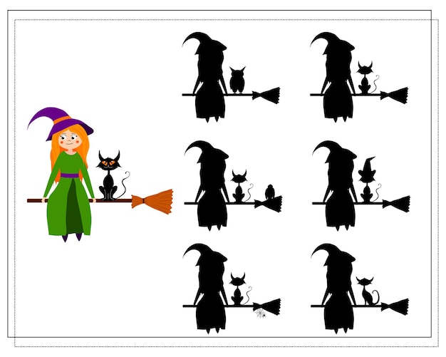 Juego para niños encuentra a la bruja de la sombra correcta sentada en una escoba con un gato vector de halloween