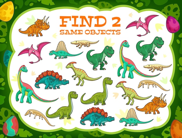 El juego para niños encuentra dos dinosaurios iguales de dibujos animados en la jungla. Juego de mesa de vector con lindos reptiles, personajes de dino. Niños educativos acertijos con divertidos lagartos del período prehistórico, rompecabezas para bebés, tarea de ocio