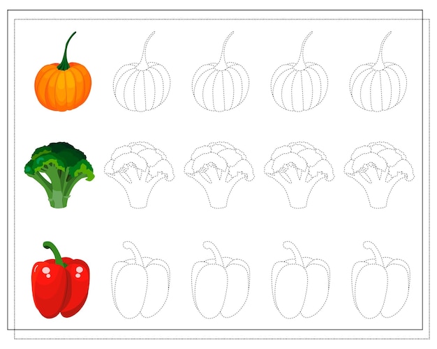 juego para niños esquema práctica de escritura a mano verduras