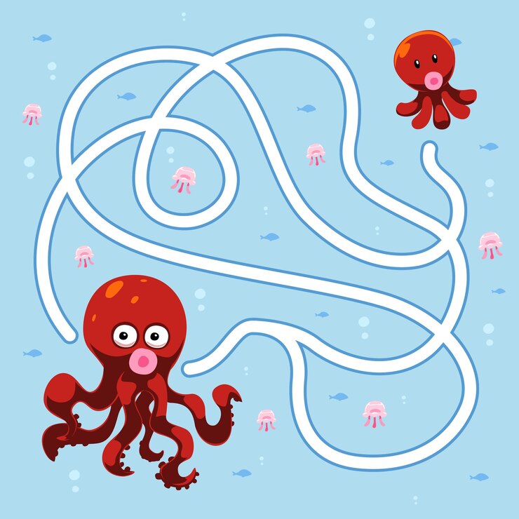 Vector juego para niños laberinto de cuerdas con bonito pulpo de dibujos animados hoja de trabajo subacuática
