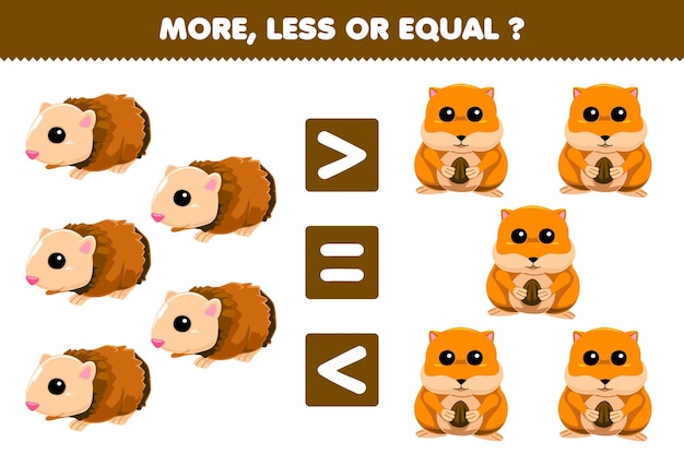 Juego para niños más menos o igual contar la cantidad de conejillo de indias lindo y hamster hoja de trabajo de mascotas