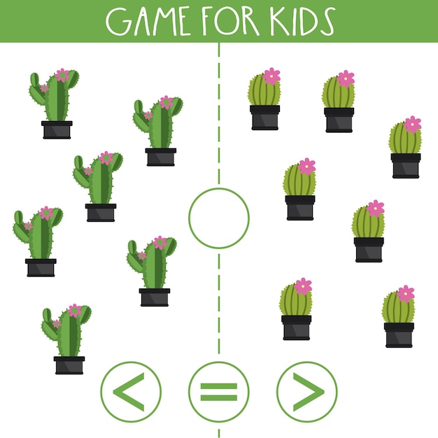 Juego para niños Más menos o igual Juego de lógica educativa para niños en edad preescolar Ilustración vectorial