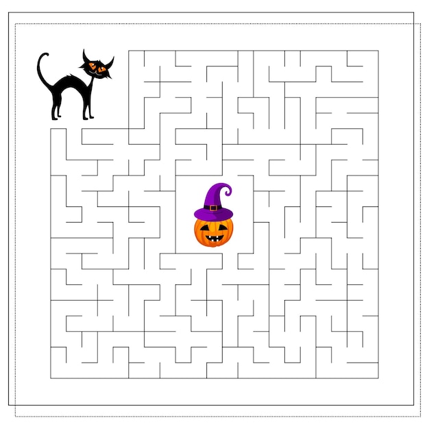 Juego para niños pasar por el laberinto gato negro vector de Halloween aislado sobre fondo blanco