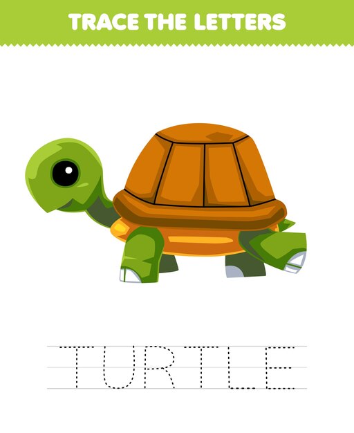 Vector juego para niños rastrear la letra de la tortuga de dibujos animados lindo hoja de trabajo de mascotas imprimible