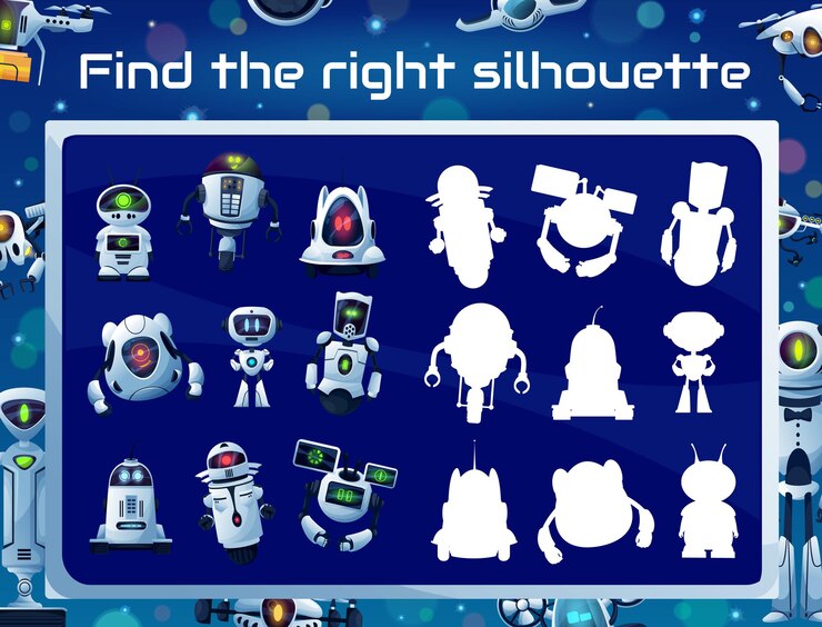 Vector juego para niños con siluetas de robots, rompecabezas de combinación de sombras, acertijo de memoria o prueba de atención. plantilla de vector de cuestionario educativo con robots de dibujos animados, bots modernos blancos y droides ai, drones y androides