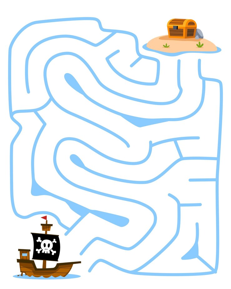 Vector juego para niños simple laberinto ayuda lindo barco pirata mover al cofre del tesoro hoja de trabajo pirata