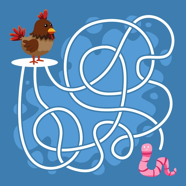 Juego para niños simple laberinto de cuerdas con pollo de dibujos animados lindo mover a la hoja de trabajo de animales gusano