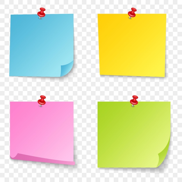 Juego de notas adhesivas de color con alfileres rojos pegatinas adhesivas en blanco para tablero sobre fondo transparente