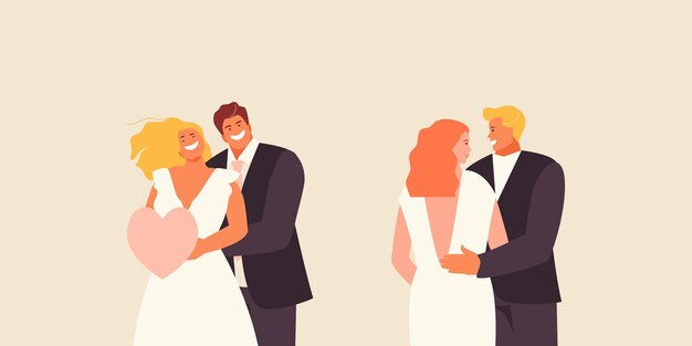 Juego de novios felices. Parejas de recién casados ??en la ilustración de vector de amor