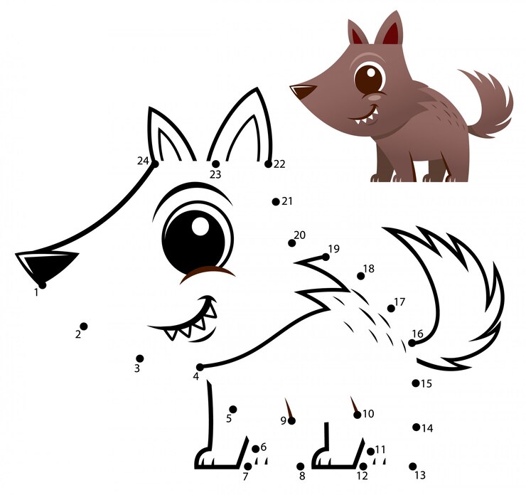Vector juego de números de educación. juego de punto a punto. dibujos animados de lobo