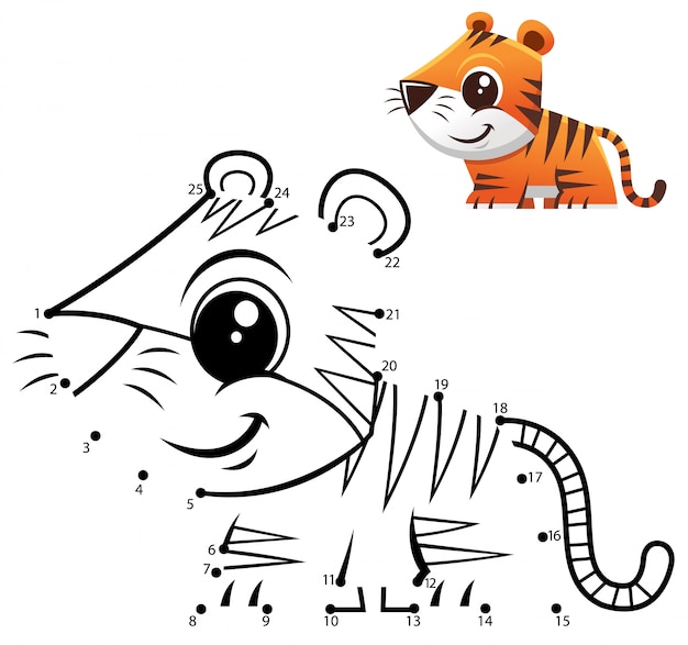 Juego de números de educación. Juego de punto a punto. Dibujos animados de tigre