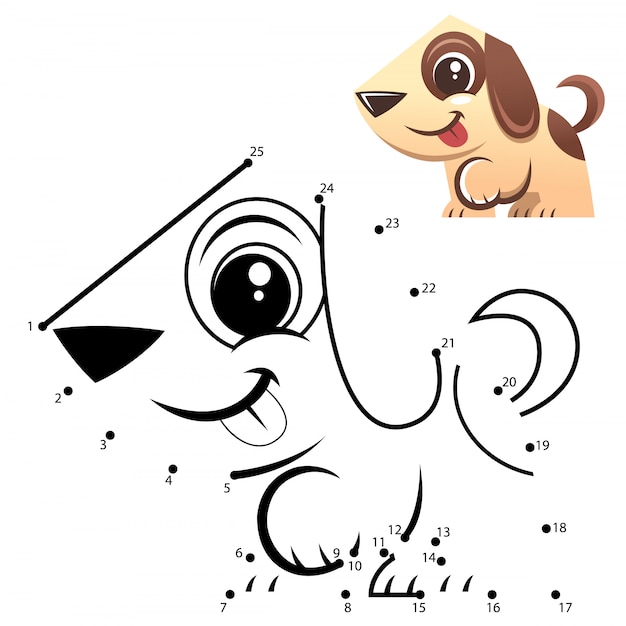 Juego de números de educación. Juego de punto a punto. Perro, caricatura