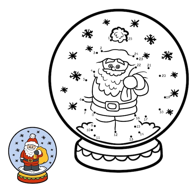 Juego de números, juego de educación punto a punto para niños, bola de nieve de invierno con papá noel