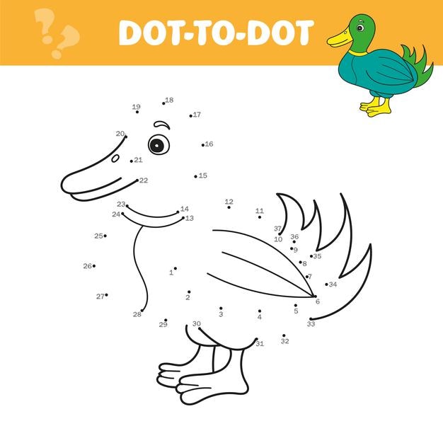 Juego de números para niños, juego educativo punto a punto. Conecta los puntos y dibuja un lindo pato de dibujos animados. Juego educativo para niños. Ilustración de vector.