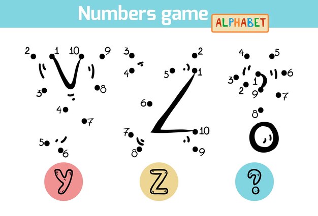 Juego de números para niños Letras del alfabeto YZ y signo de interrogación Actividad punto a punto juego de uno a diez