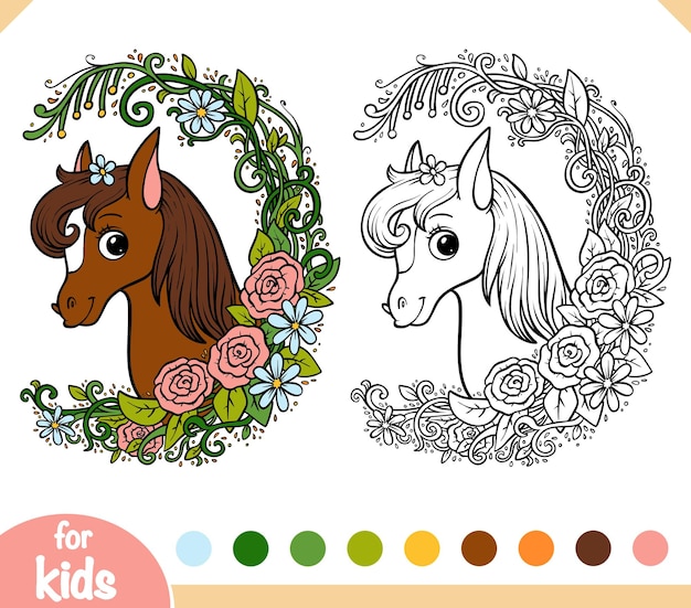 Juego de números punto a punto para niños lindo pony en un marco floral