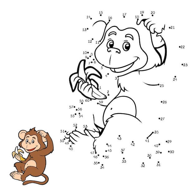 Juego de números punto a punto para niños monito con plátano