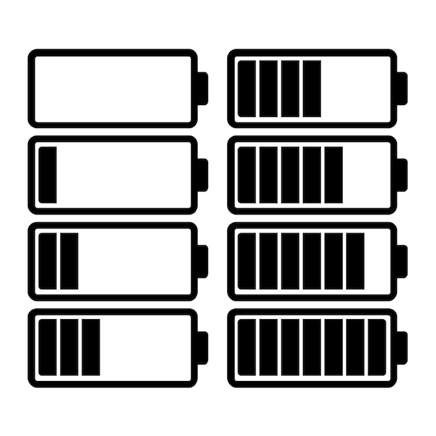 Un juego de ocho baterías con diferentes indicadores de carga. ilustración vectorial