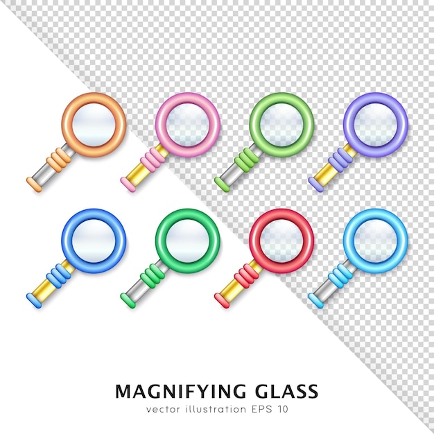 Juego de ofertas de lupas de colores 3d. Vista superior de lupas carrtoon con lente transparente.