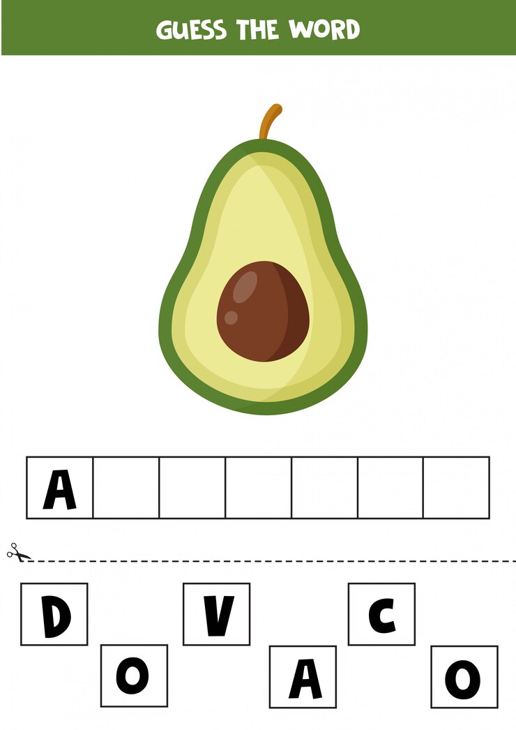 Vector juego de ortografía para niños con aguacate de dibujos animados lindo.