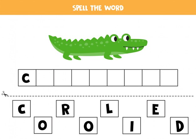 Juego de ortografía para niños. Cocodrilo verde lindo de la historieta.